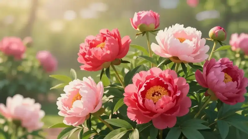 Vibrant peonies glow under soft morning golden sunlight in a lush garden