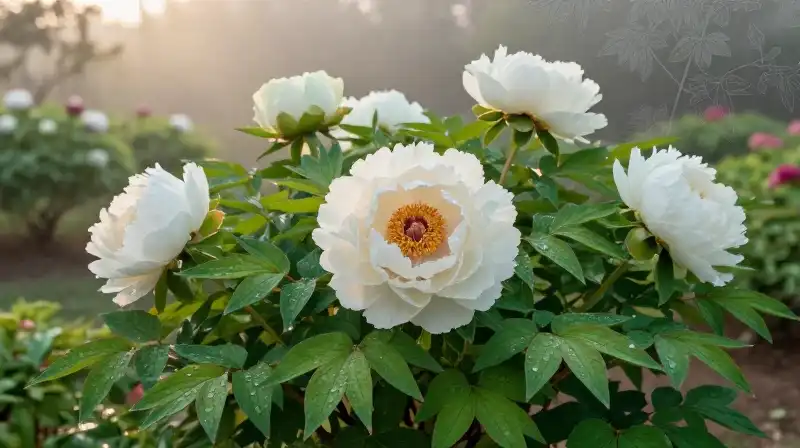 Vibrant peonies and emerald foliage emerge from the misty golden garden