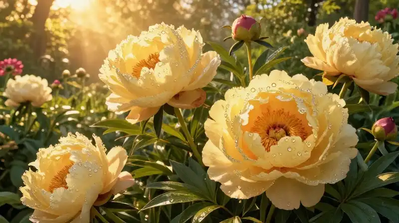 Lush, vibrant peonies with dew glow in golden sunset light