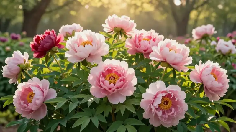 Lush, blooming peonies under warm, dappled sunlight