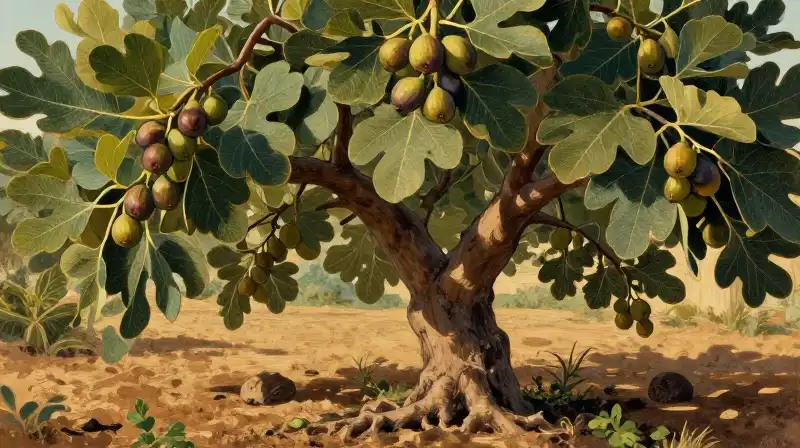 Gnarled ancient fig tree laden with ripe fruit glows in golden light