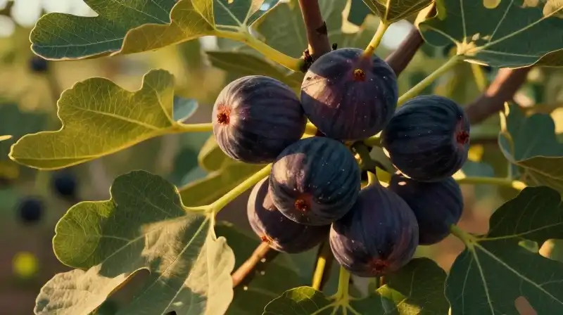Dark figs glow in a sun-drenched Mediterranean garden at golden hour
