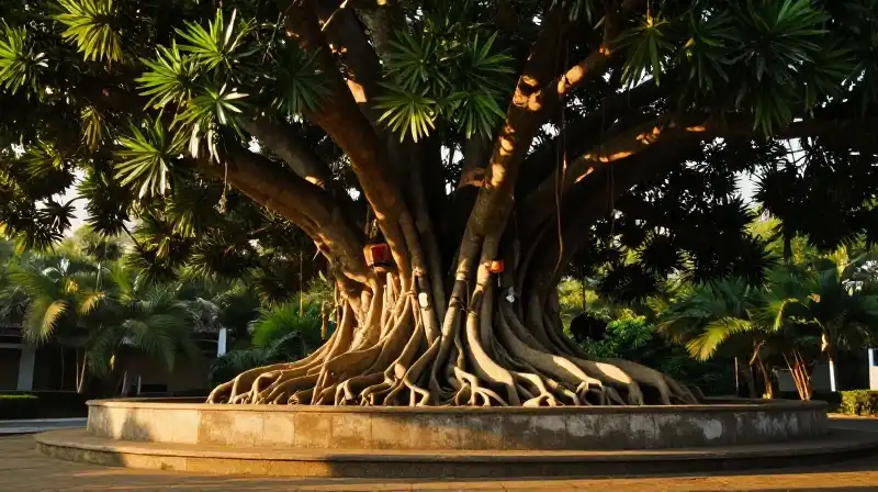 A massive gnarled ficus tree thrives on stone terraces in golden light
