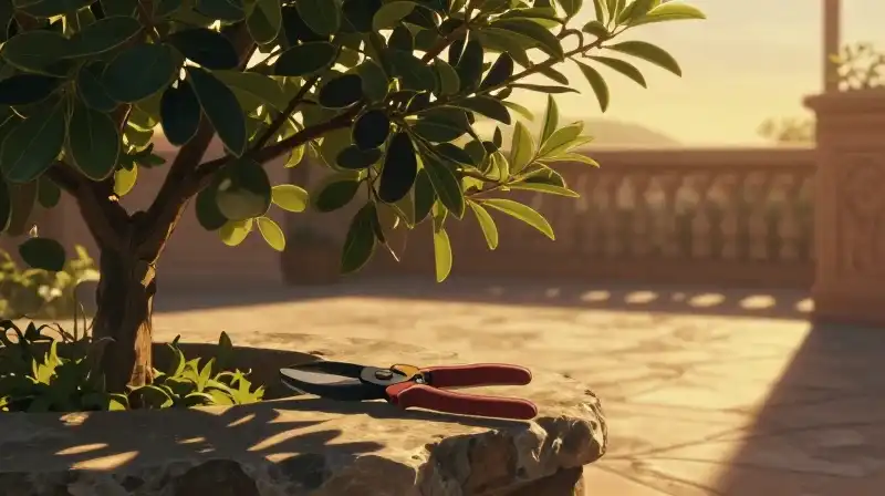 Golden light bathes the fig tree and pruning shears on stone