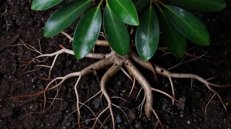 A green ficus plant sits in rich, dark soil with visible roots
