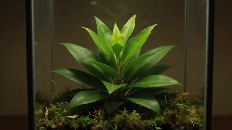 A structured ficus plant glows within a warm glass terrarium