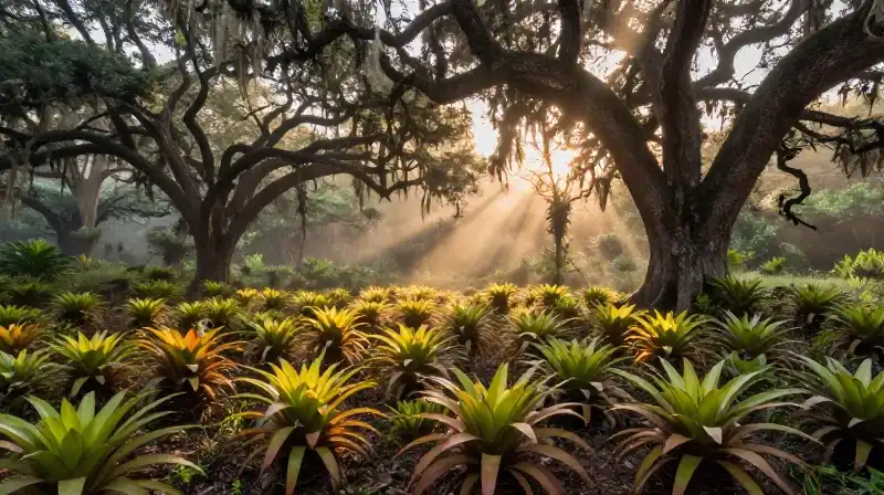 Vibrant bromeliads thrive beneath massive gnarled live oaks in a misty golden forest