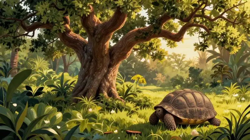 Tortoise beneath a Florida oak in lush, golden light