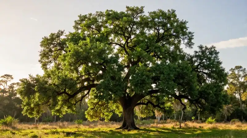 Massive emerald Live Oak silhouetted in a golden swamp setting