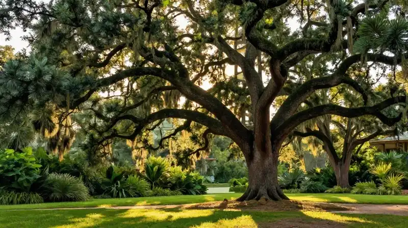 Sun-drenched Floridian oak among rich emerald leaves at sunset