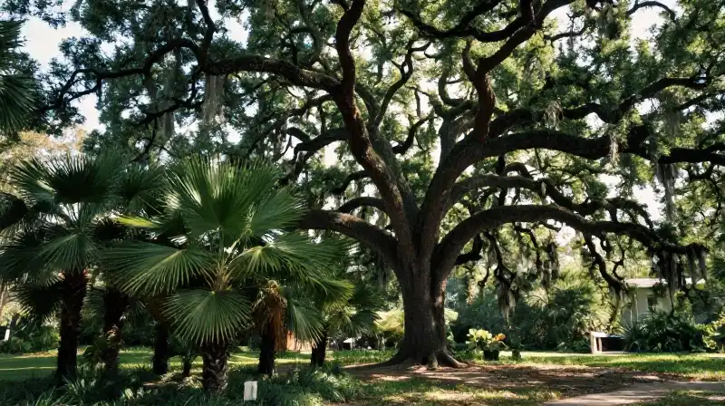 A massive live oak dominates a lush Florida canopy under dappled sunlight