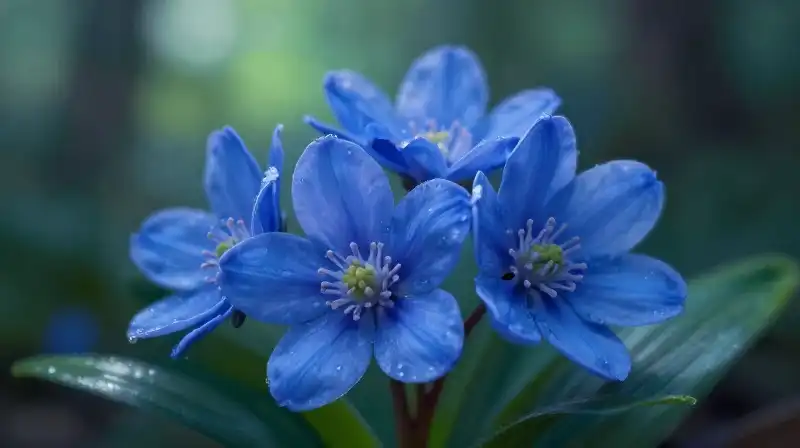 Vibrant blue flowers bloom under ethereal morning light in a deep forest