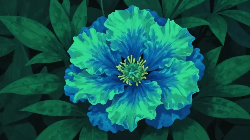 Ethereal blue and green flowers thrive in a lush, deep botanical environment