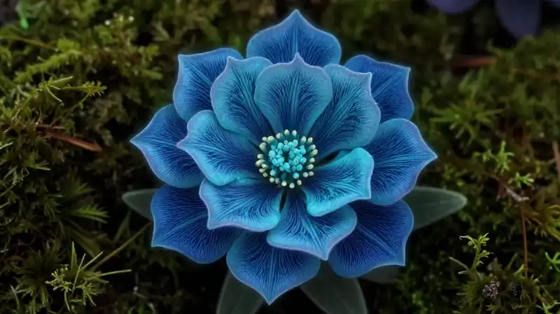 A cerulean bloom softly glows within a lush, dark moss garden