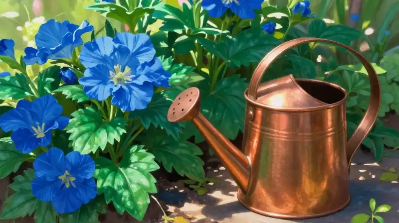 A vibrant flower and shiny copper watering can in sunlit garden