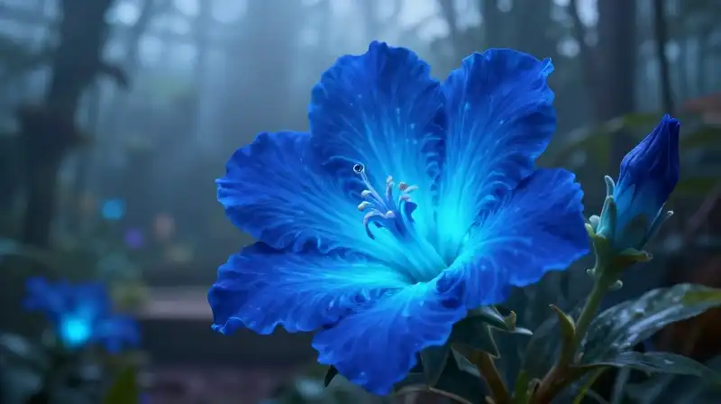 A bioluminescent blue flower glows through the misty greenhouse