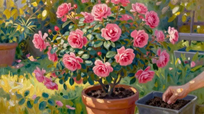 Golden hour light illuminates a hand tending pink roses