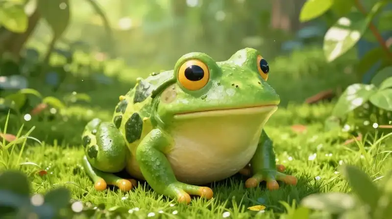 A whimsical frog fruit shines on a lush green lawn