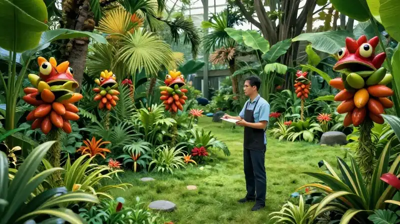 A landscaper inspect a vibrant, lush, tropical garden