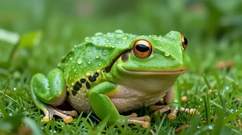Oversized green frog rests on a vibrant, dewy botanical lawn