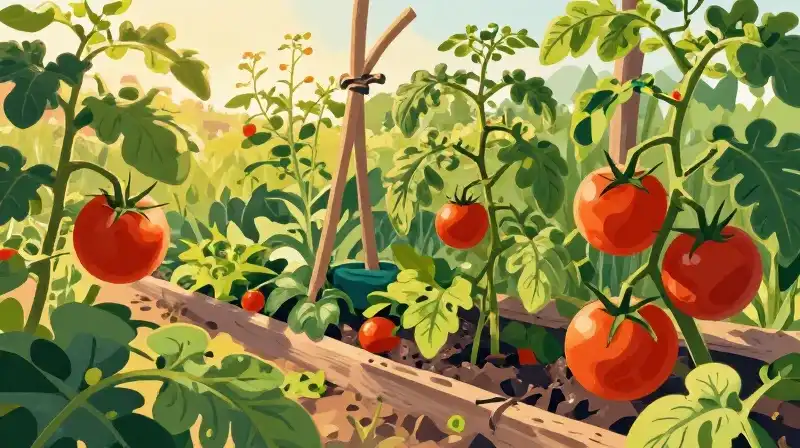 Lush green foliage frames vibrant heirloom tomatoes in golden light