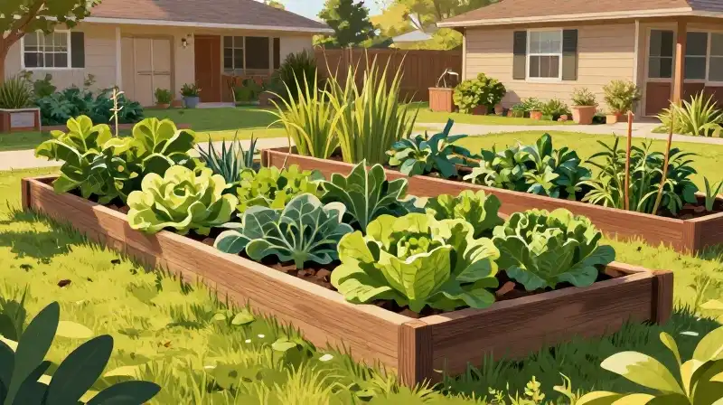A lush garden with neat wooden borders glows in the golden afternoon sun