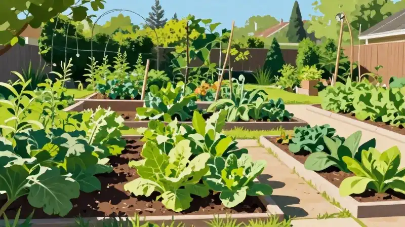 Vibrant, lush vegetable rows shine under the bright midday sun