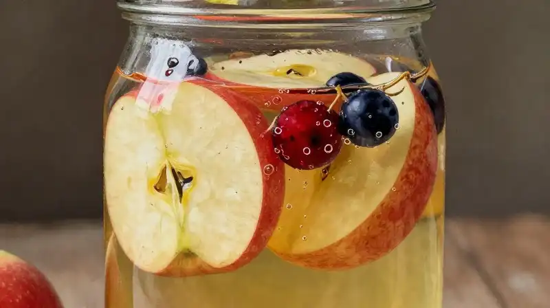 Warm light glows on bubbling fruit in a glass jar