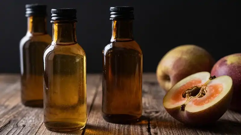 Amber bottles of fruit vinegar sit on a rustic wooden workbench