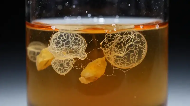Detailed amber liquid fills the beaker with floating translucent fruit fragments