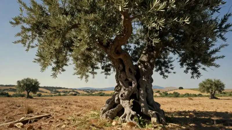 A twisted, leafless olive tree dominates a sun-drenched desert