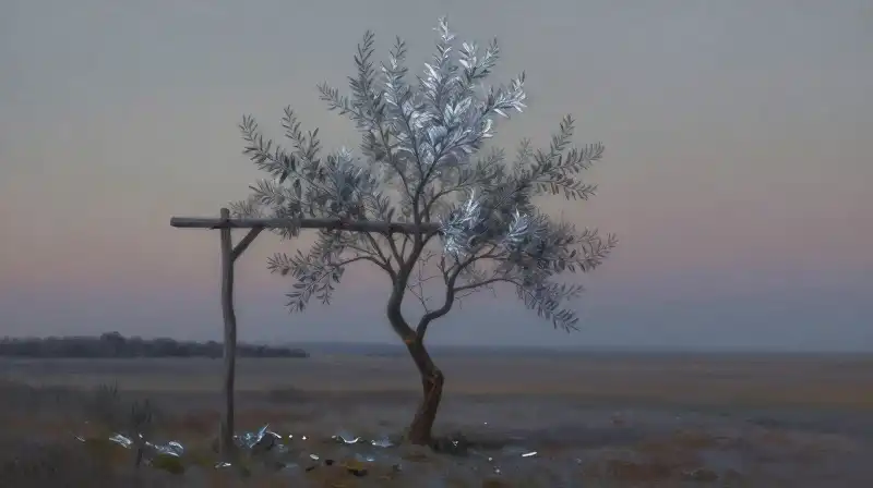 Silvery olive branches haunt a solitary wooden trellis in twilight