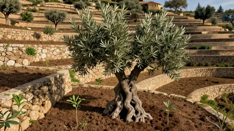 A gnarled silver olive tree stands in a terraced sunlit garden