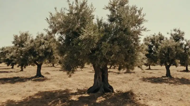 Silver olive trees stand across the hot, dry landscape