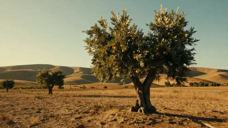 Golden light illuminates a single, arid olive tree upon the hills