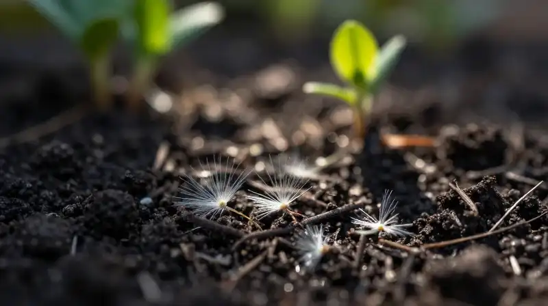 Small phlox seeds rest in dark, richly textured soil under dappled light