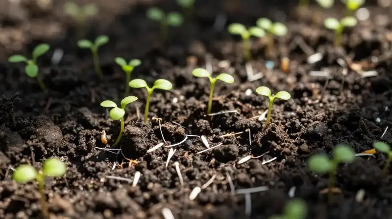 Whimsical seedling sprouts from dark soil under bright dappled light