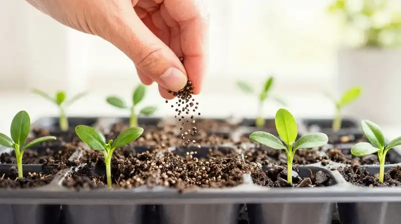 A hand carefully sifts soil over vibrant, new green sprouts