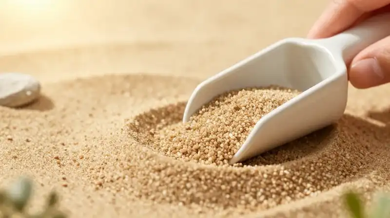 A hand scoops golden tan sand into a miniature, brightly lit garden