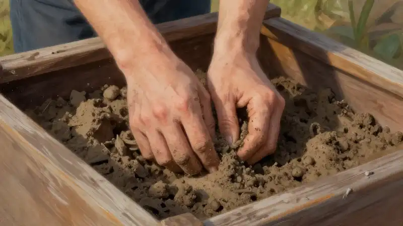 Warm golden light bathes hands mixing garden textures