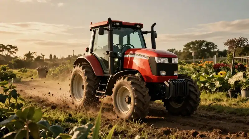 A muddy tractor churn through the golden, overgrown garden