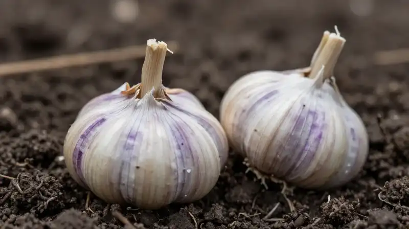 Detailed variegated bulbs and delicate sprouts emerge from dark soil