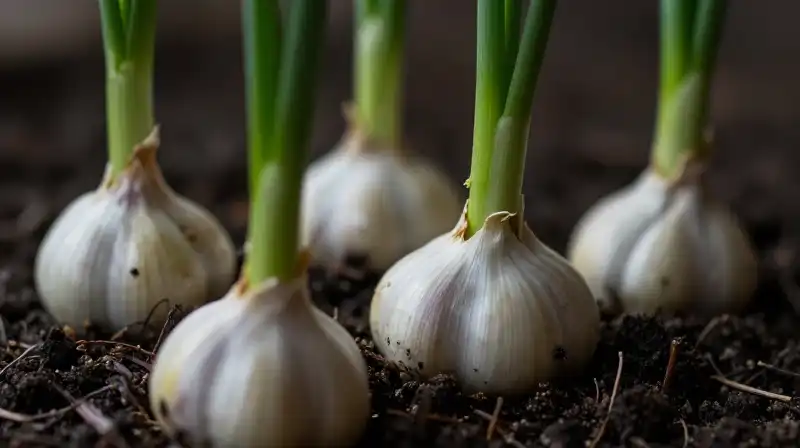 Vivid green garlic sprouts emerge dramatically from rich, dark soil