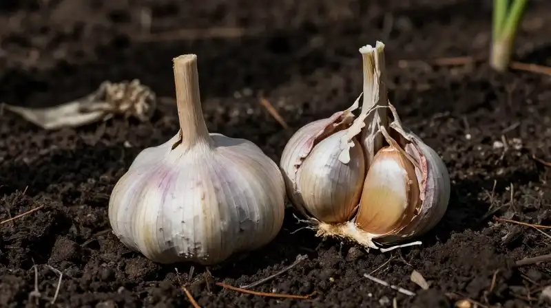 Dramatic sunlight illuminates healthy and rotting garlic bulbs in dark soil