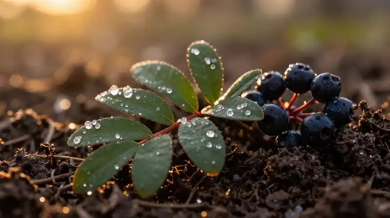 Gem-like crystals glisten among dark purple inkberry foliage