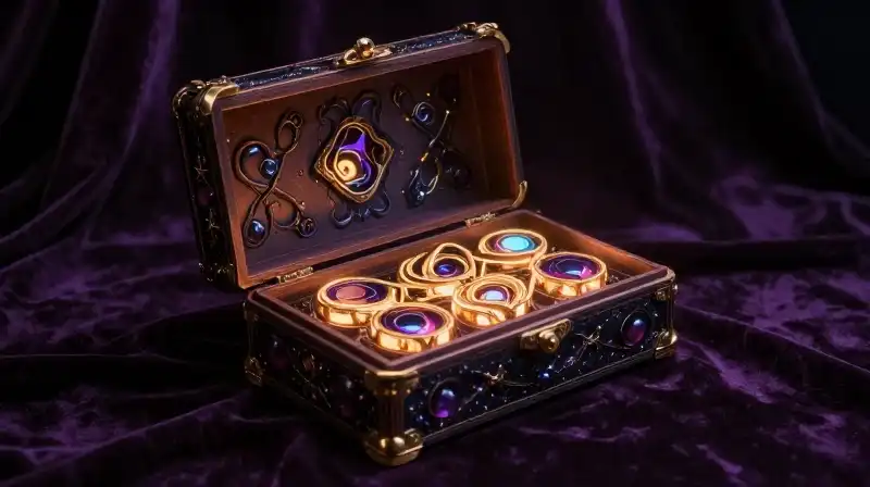 Dark velvet frames a glowing box with complex, intricate mechanisms