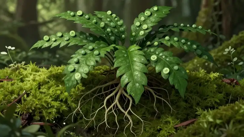 Emerald roots thrive within a softly illuminated mossy forest floor