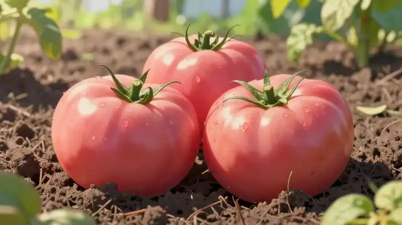Lush pink tomatoes thrive under brilliant summer sunlight in rich soil