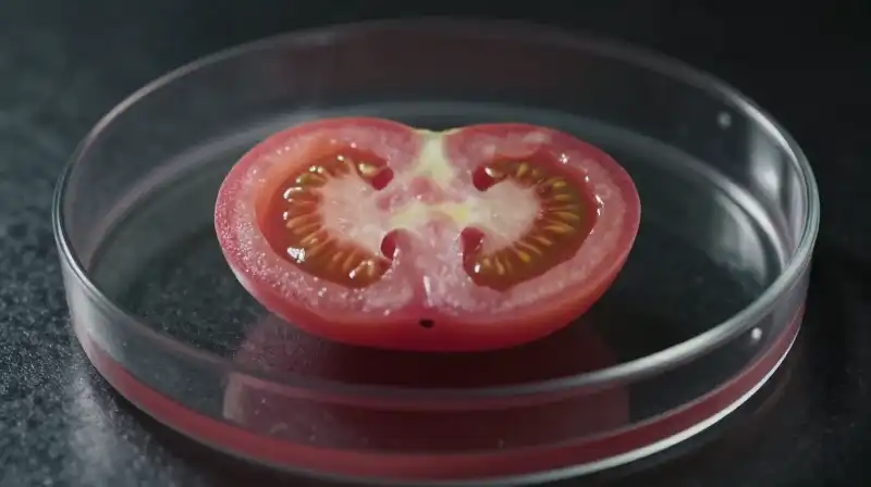 A radiant pink tomato segment gleams dramatically within a glass petri dish