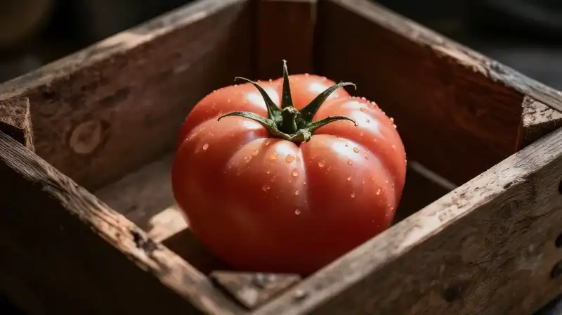 Pink tomato rests in rustic crate under dappled light